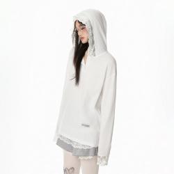 衣品天成 长袖T恤女春秋蕾丝花边拼接休闲少女风连帽宽松上衣