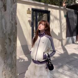 adidas 三叶草 外套女装上衣26秋新款拼接蕾丝边立领夹克针织运动休闲外套