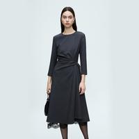 朗姿 法式优雅长袖轻礼连衣裙女捏褶高级感冬款