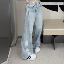 adidas 三叶草 三叶草牛仔裤女裤26秋三条杠休闲阔腿裤弯刀裤扭扭香蕉休闲长裤