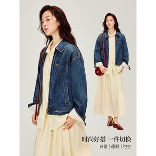 茵曼 100%棉复古水洗拉链夹克 浅牛仔蓝 XL 女士外套