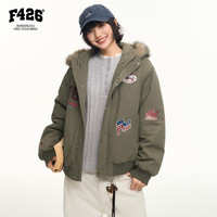 F426 冬季新款美式复古连帽毛领派克棉服 军绿色 S