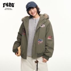 F426 冬季新款美式复古连帽毛领派克棉服 军绿色 S