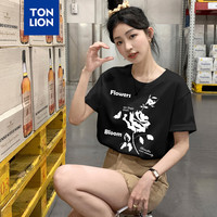 唐狮 女圆领花朵图案短袖T恤