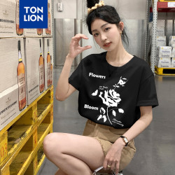 唐狮 女圆领花朵图案短袖T恤
