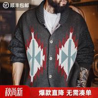 马登 工装美式复古考津毛衣外套印第安青果领开衫针织毛衫男冬厚衣服 炭灰色  M （偏大，建议拍小一码）