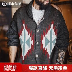 马登 工装美式复古考津毛衣外套印第安青果领开衫针织毛衫男冬厚衣服 炭灰色  M （偏大，建议拍小一码）