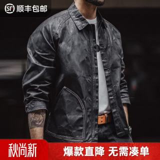 马登 工装美式复古黑色油蜡夹克撞色明线休闲猎装短款硬汉外套男秋 黑色  L