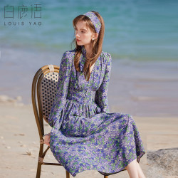 白鹿语 春夏V领温柔印花裙修身气质中长款连衣裙 花色1 M