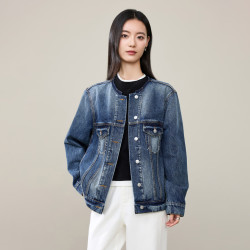 ESE-Y 复古牛仔外套女春秋新款宽松圆领休闲水洗夹克上衣潮 首尔蓝 M