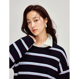 茵曼 条纹圆领针织衫 蓝红条 S 女装上衣