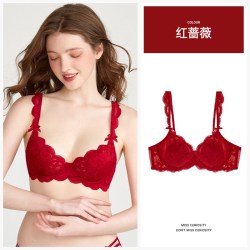 好奇蜜斯 红色内衣女结婚新娘本命年大胸显小文胸罩套装蕾丝性感薄