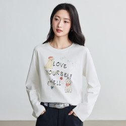 茵曼 纯棉萌宠小狗印花长袖T恤女