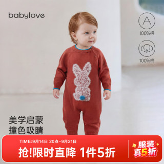 Babylove 婴儿连体衣纯棉针织哈衣秋冬宝宝毛线爬服圣诞外出哈衣 绣花红 80cm