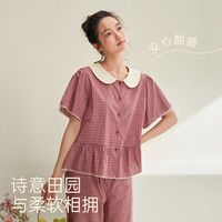 安之伴 娃娃领睡衣女春夏季复古格纹森系翻领家居服
