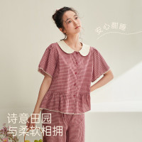 安之伴 娃娃领睡衣女春夏季复古格纹森系翻领家居服