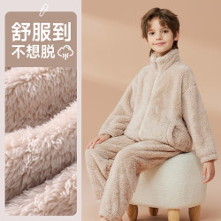猫人 儿童珊瑚绒睡衣男大童法兰绒青少年家居服秋冬女童保暖睡衣套装 米色-立领拉链款男童 160 建议体重85-104斤