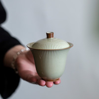 百垚 青瓷条纹浮雕陶瓷盖碗家用泡茶碗单个功夫茶具高端风泡茶器
