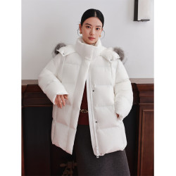 范思蓝恩 可拆毛领拼色连帽加厚长款羽绒服女冬季2025新款4587 冰晶白 XXS