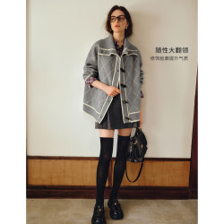 OLRAIN 大翻领菱格提花毛针织开衫