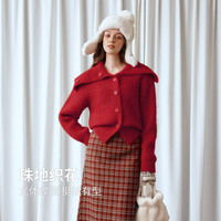 OLRAIN 法式通勤红色大翻领针织开衫毛衣