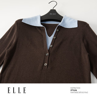 ELLE 绵羊毛假两件翻领撞色针织衫 咖色 M