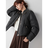 ELLE90白鸭绒人字纹短款羽绒服女2025冬新款皮革拼接保暖通勤新年外套 咖色 S