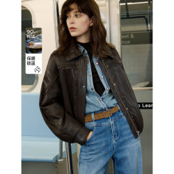 ELLE 90白鸭绒复古轻薄夹克羽绒服女2025冬季新款休闲翻领短外套 咖色 S