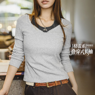 马登 假两件V领百搭显瘦针织衫 浅麻灰 M 女士上衣