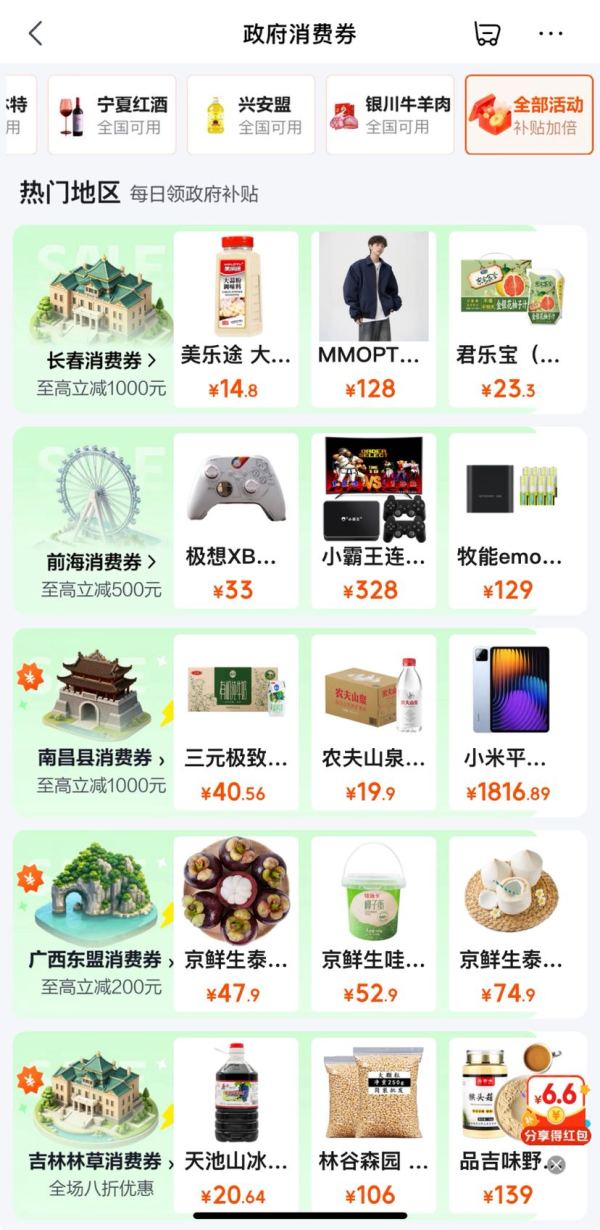 京东 政府消费券 新增重庆巴南/深圳前海/南昌县/长春/宁夏红酒/广西东盟全国通用消费券等