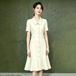 未欢 短袖连衣裙轻职场女排扣收腰中长裙气质正式场合正装通勤裙醋酸