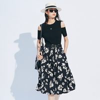 其他女孩 FF仿佛连衣裙2025夏新款a字印花腰带修身气质小黑裙