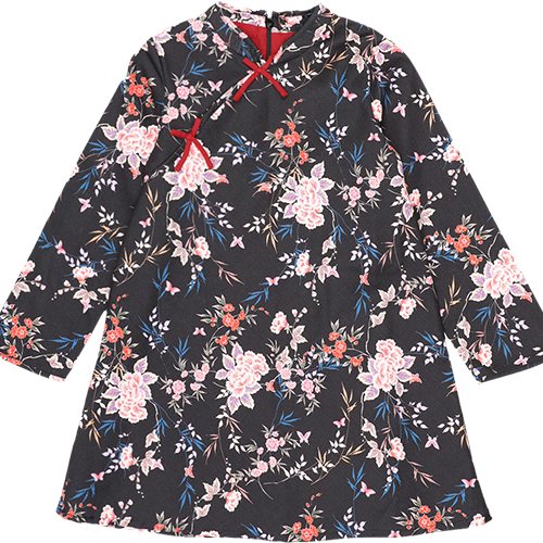 ZARA 女童新中式碎花蝴蝶结长袖A字连衣裙