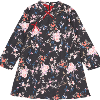 ZARA 女童新中式碎花蝴蝶结长袖A字连衣裙
