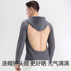 econice 三伏天晒背专用衣男夏天新款纯棉户外晒太阳神器露背长袖带帽上衣
