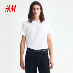 H&M 男装女装T恤秋季简约休闲柔软舒适正肩圆领套头短袖上衣0570002 白色 XS 165/84
