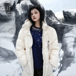 TCH 中长款连帽羽绒服女 米色 L