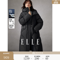 ELLE 90白鸭绒高充绒连帽长款羽绒服女2025冬季新款保暖厚款外套 黑色 L