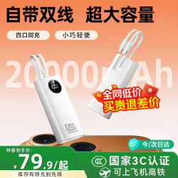 嘉柏兰 充电宝20000毫安大容量120W超级快充移动电源小巧自带线适用安卓苹果