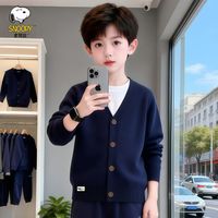 百亿补贴：史努比 男童V领开衫毛衣春秋款儿童针织纯棉中大童纯色外套上衣薄