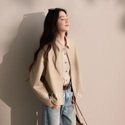 三彩 皮衣外套PU圆领拉链开衫宽松落肩袖通勤S
