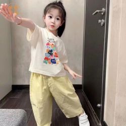 米奇丁当 女童夏季套装女宝薄款百搭两件套儿童洋气裤子烫画短袖