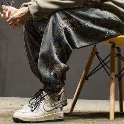 牛仔裤男春秋新款束脚裤拼接小熊刺绣复古高街直筒裤子潮牌工装裤