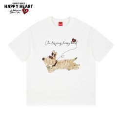 CHARLES JANG'S HAPPY HEART 短袖t恤男夏季线条小狗印花宽松百搭纯棉休闲情侣体恤