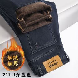 吉普 男士加绒牛仔裤冬季弹力加厚直筒宽松高腰中年休闲保暖裤