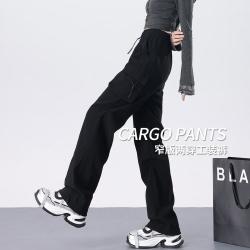 町缇 美式工装裤女小个子舒适百搭春秋高腰宽松休闲抽绳束脚运动裤