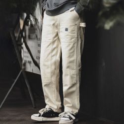 马登 工装日系复古做旧宽松米白色牛仔裤水洗直筒多口袋伐木工裤男