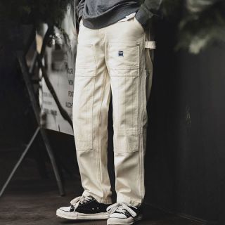百亿补贴：马登 工装日系复古做旧宽松米白色牛仔裤水洗直筒多口袋伐木工裤男