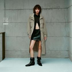 ONLY 秋季潮酷工装风高领宽松纯色抽绳风衣外套女