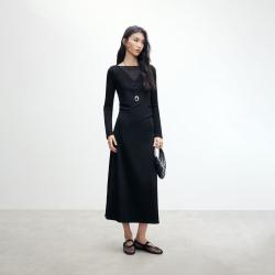 ONLY 秋季一字领透视纯色设计修身长袖长裙连衣裙女